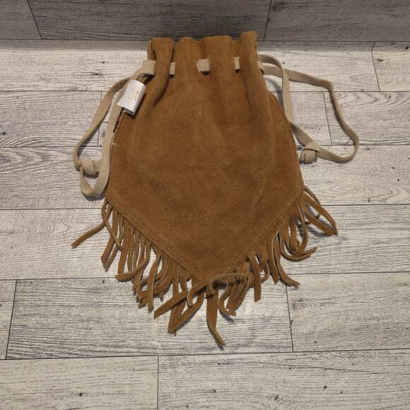 Bloom Brothers Co Beige Tan Leather Drawstring Pouch Western Aztec Fringe USA - Picture 2 of 8
